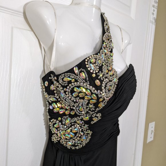 Tiffany Designs Black Rhinestone Sequin Crossover Sleeveless Prom Maxi Dress - 6 - Picture 5 of 16